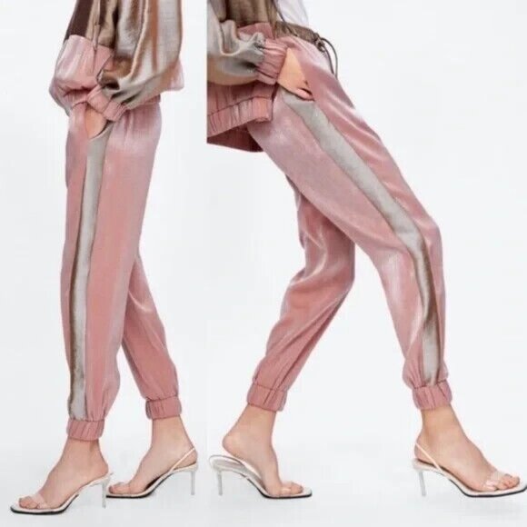 Zara Jogger Pants Pink Satin Metallic Drawstring Pull On Pockets - Picture 2 of 11